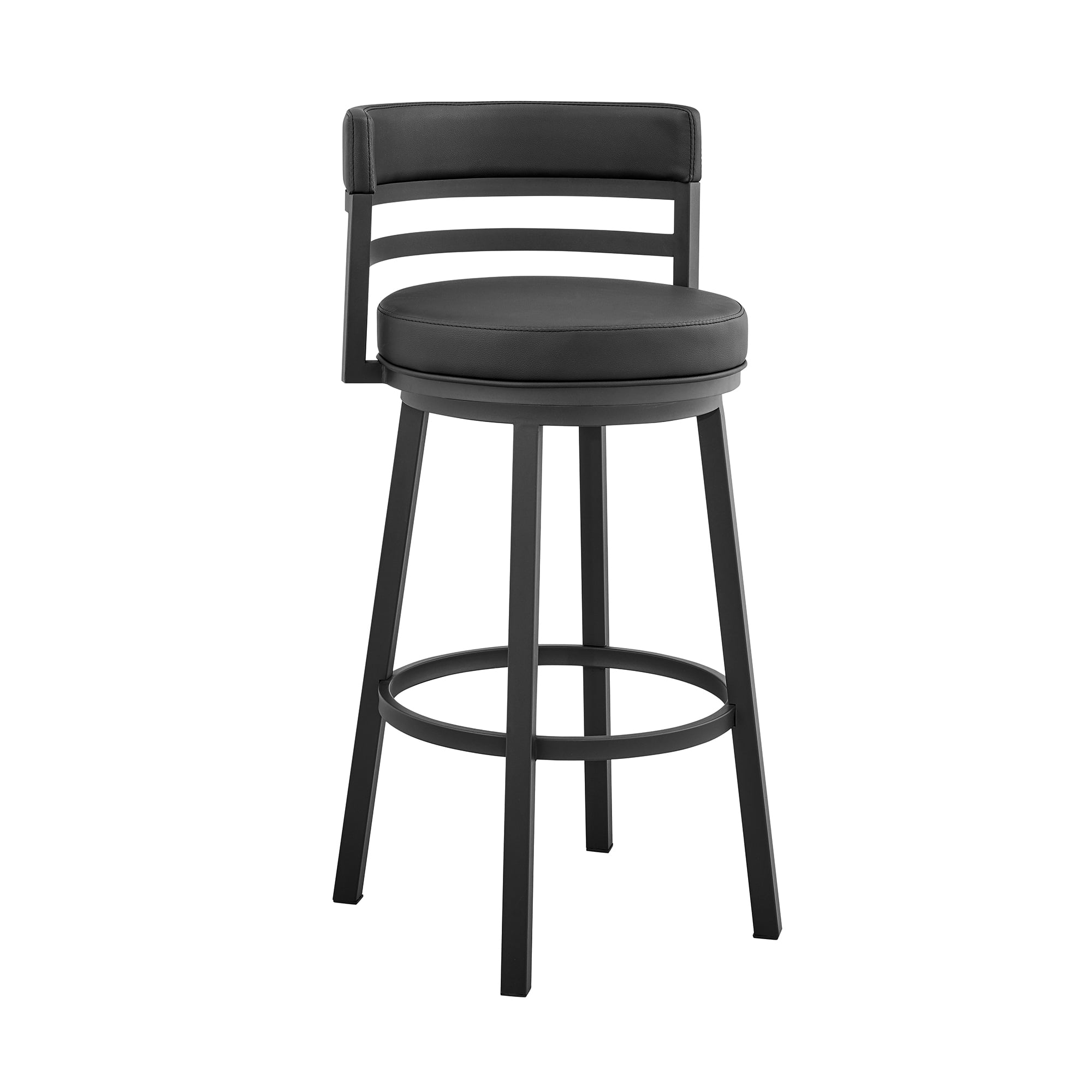 Armen Living Madrid 26" Counter Height Swivel Black Faux Leather and Metal Bar Stool