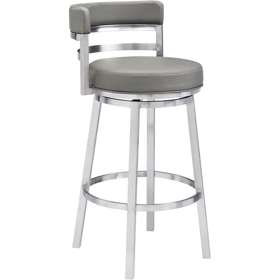 Madrid 30" Bar Height Swivel Modern Grey Faux Leather and Brushed Stainless Steel Bar Stool for Kitchen Island Counter