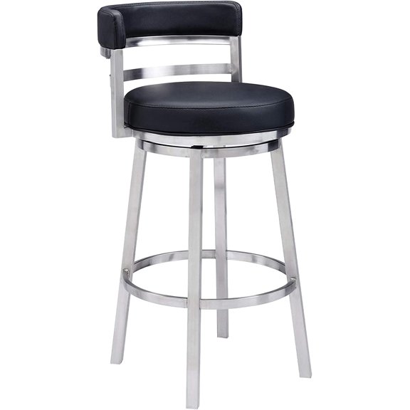 Madrid 30" Seat Height Swivel Modern Black Faux Leather and Brushed Stainless Steel Bar Stool for Kitchen Island Counter