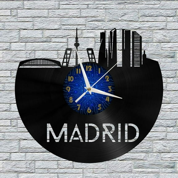 Madrid City View 12 Inch Vinyl Record Wall Clock - Silent, Creative, and Unique Clock for Living Room, Entryway, or Bedroom Decor - Perfect Gift Idea(12 inchs B without LED)