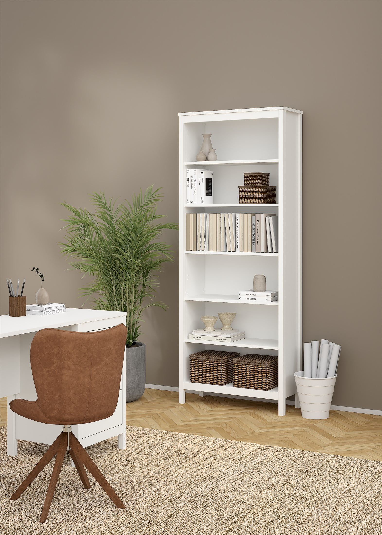 Madrid White Adjustable 6-Shelf Bookcase