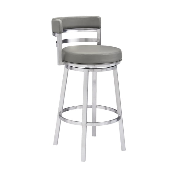 Madrid Contemporary 26" Counter Height Barstool in Brushed Stainless Steel Finish and Grey Faux Leather