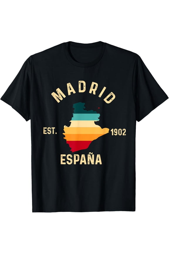 Madrid Espana Spain Est. Souvenir Flag Map Vacation T-ShirtMen and women, Black T-shirt, size: Extra large