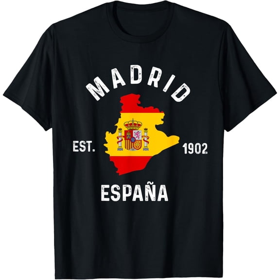 Madrid Espana Spain Est. Souvenir Flag Map Vacation T-ShirtMen and women, Black T-shirt, size: Extra large
