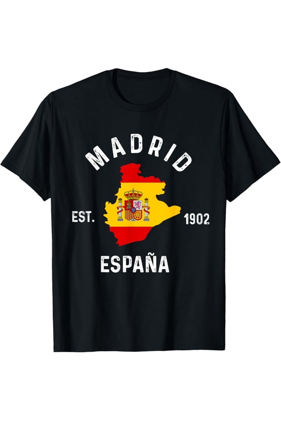 Madrid Espana Spain Est. Souvenir Flag Map Vacation T-ShirtMen and women, Black T-shirt, size: Extra large