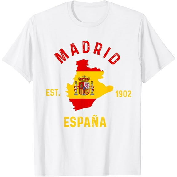 Madrid Espana Spain Est. Souvenir Flag Map Vacation T-ShirtMen and women, White T-shirt, size: Extra large
