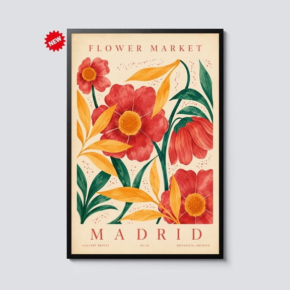Madrid Flower Market Vintage Botanical Wall Art Spanish Floral Print Retro Garden Decor Red Flower Art Artwork