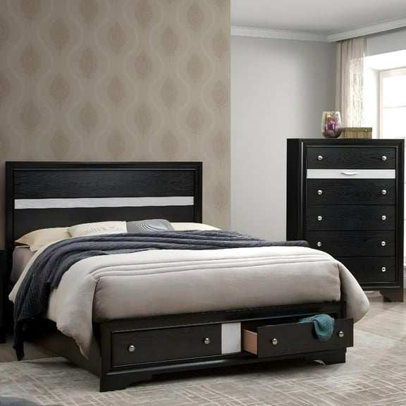 Madrid G02350B-QB Queen Bed Frame in Black with Wood Grain Finish, 2 Drawers, Nickel Handles, Slatted Design, No Box Spring Needed, 63"W x 84"D