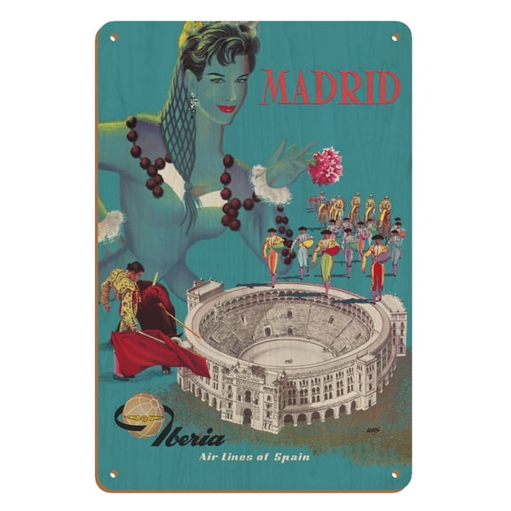 Madrid - Iberia Air Lines of Spain - Plaza de Toros de Las Ventas - Bullfighting Arena - Vintage Airline Travel Poster by Goros c.1960 - 8 x 12 inch Vintage Wood Art Sign