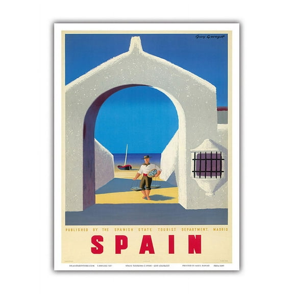 Madrid Spain - Spanish State Tourist Department - Boat And Fisherman - Vintage Travel Poster by Guy Georget c.1950s - Master Art Print (Unframed) 9in x 12in