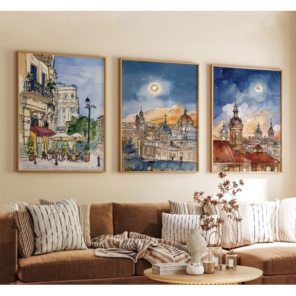 Madrid Spain Vintage Sketch Cityscape Travel Wall Art Set 3 Stretched Canvas