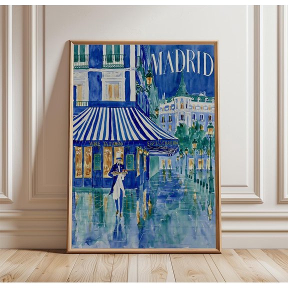 Madrid Travel Rainy Cafe Print Spanish Wall Art, Unframed Paper Print