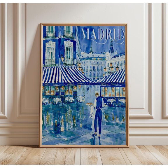 Madrid Travel Rainy Cafe Print Spanish Wall Art, Unframed Paper Print