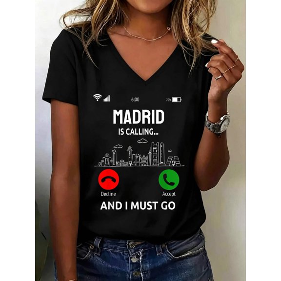 Madrid is Calling Design Vacation City Trip Spain V Neck T-Shirt Cotton Women's V Neck Graphic Tee, Casual Short Sleeve Shirt,Vacation Outfit