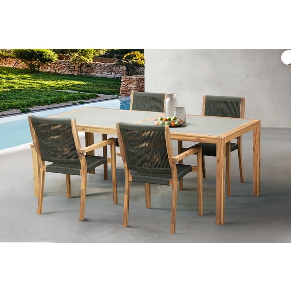 Madsen Outdoor Eucalyptus Wood and Charcoal Rope Dining Chairs with Teak Finish - Set of 2