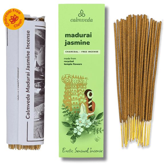 Madurai Jasmine Incense Sticks - (80 Sticks) Charcoal Free Incense, Uses Upcycled Flowers