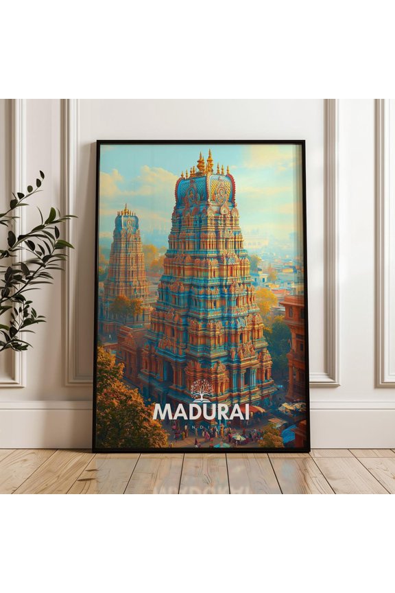 Madurai Temple Print Colorful India Travel Dravidian Architecture