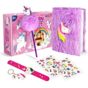 Madzee Girls Gift Set, Plush Diary, 3D Stickers, Slap Bracelet, Keychain - Cute Stationery Gift for Girls Age 4+ (Unicorn)