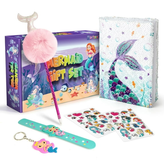 Product photo of madzee mermaid journal gift set - plush squishy notebook, fluffy pen, 3d stickers, slap bracelet & keychain - lined pages diary - great gift for girls ages 4+ in New/Like New condition