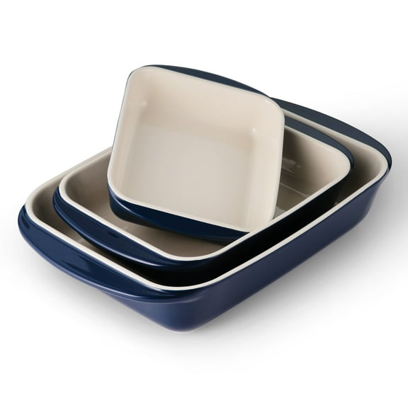 Tramontina Mae 3-Piece Ceramic Porcelain Baking Pans Set, Cobalt, Non Stick Casserole Dishes for Oven, Rectangular Bakeware for Lasagna, Cakes and Loafs