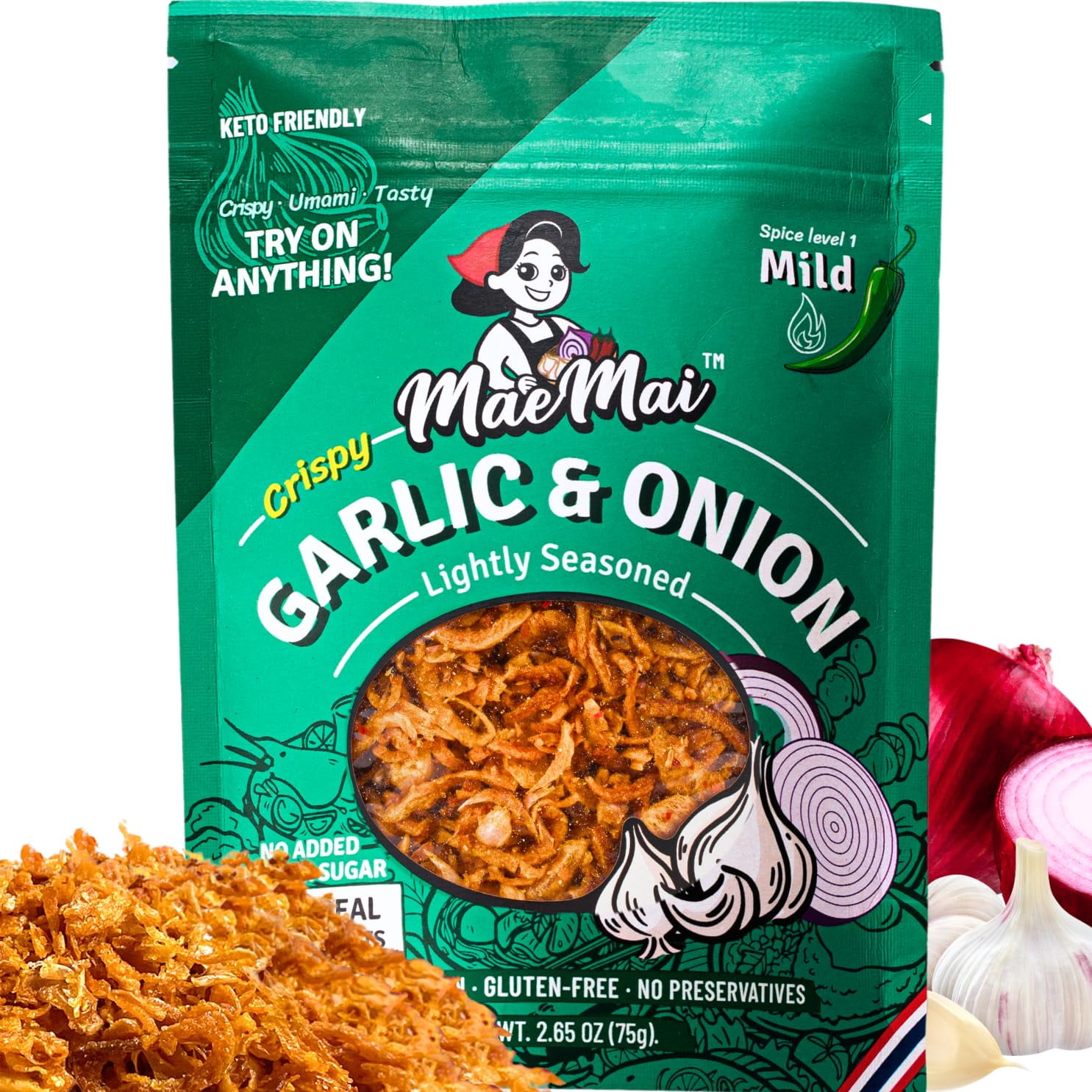 MaeMai MILD Spice - Non-Oily Chili Crisp Topper, Rice Seasoning, Ramen Topper, Furikake | Umami Onion & Garlic Flakes | 2.65oz (75g) H1