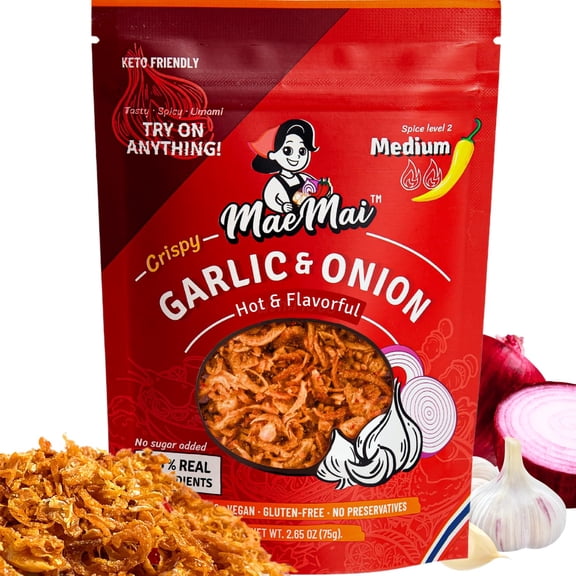 MaeMai Medium Spice (SPICY) - Crispy Onions & Garlic Flakes - Crunchy All-Purpose Seasoning, Keto, Salad Toppings, Fried Onions - Ramen, Rice Seasoning, Vegan, Gluten-free | 2.65oz (75g) H1