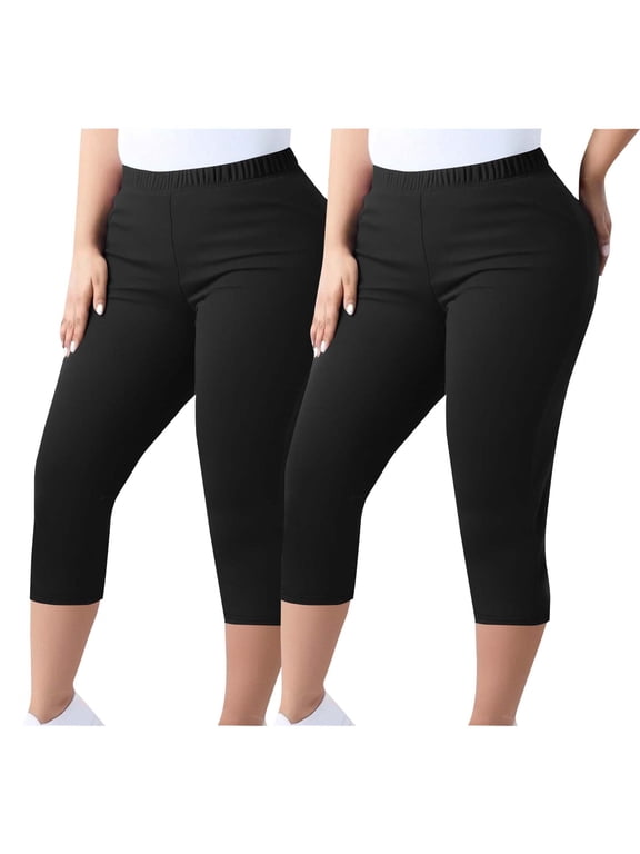 2 Pack Leggings for Women Plus Size Yoga Workout Gym Capris Pant Elastic Waist Athletic Capri Pants