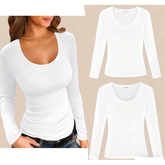 Maean 2 Pack Women's Long Sleeve Shirts Basic Tight Tee Plain Slim Tops Layer Soft Undershirts
