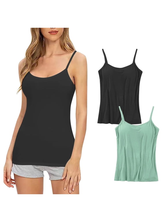 2 Piece Women's Camisole with Built-in Shelf Bra Undershirts Spaghetti Strap Breathable Daily Tank Tops