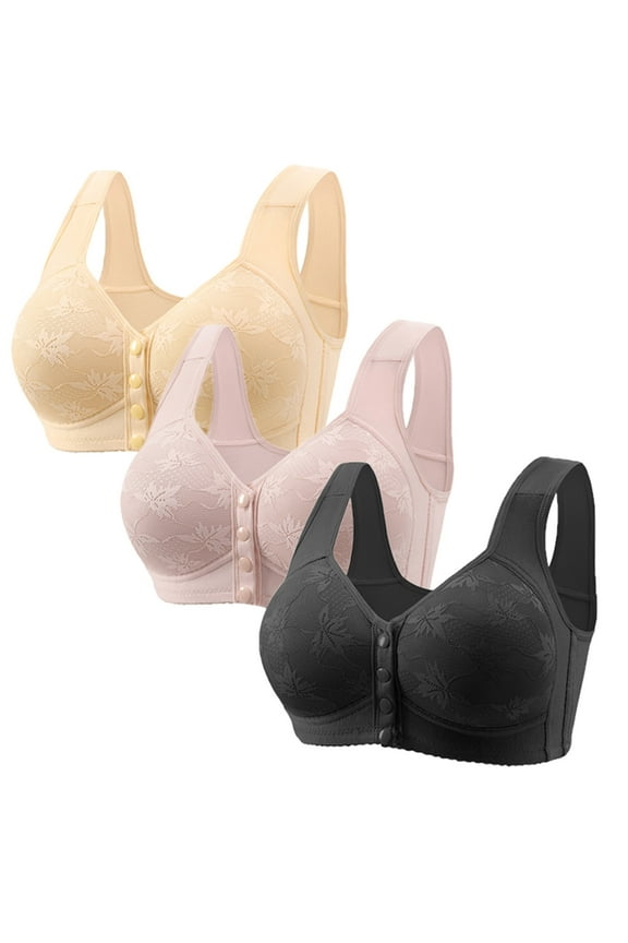 3 Pack Women's Button Front Closure Bras Seamless Soft Bra with Floral Pattern Full Coverage Everyday Bralettes