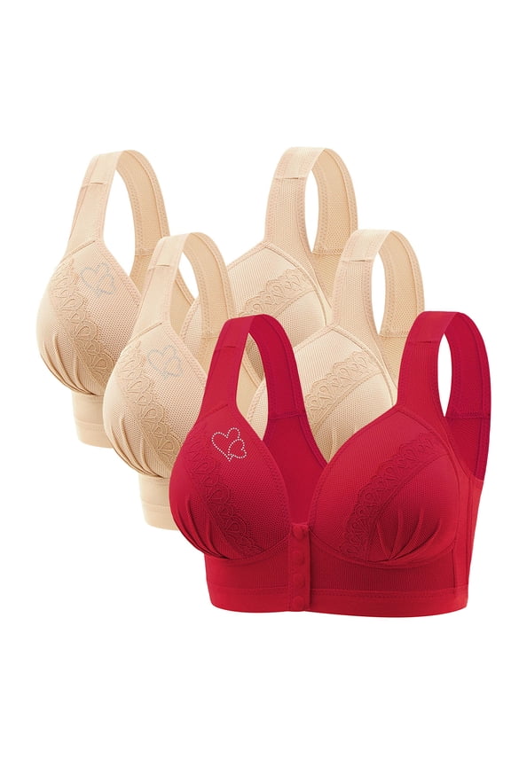3 Pack Women's Wireless Bras Front Closure Lace Wide Straps Push Up Bra Ladies Solid Color Comfort Daily Bra