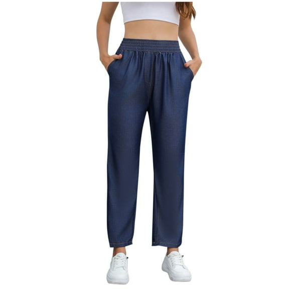 Maean Athletic Pants for Women Baggy Elastic High Waist Straight Wide Leg Long Work Trousers with Pockets