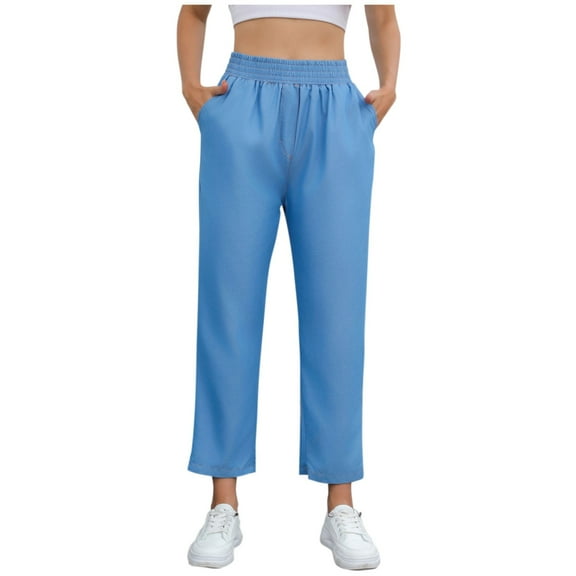 Maean Athletic Pants for Women Baggy Elastic High Waist Straight Wide Leg Long Work Trousers with Pockets