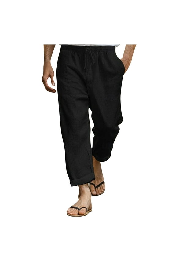 Big and Tall Cotton Linen Pants for Men Summer Loose Lightweight Elastic Waist Beach Pant S-5XL