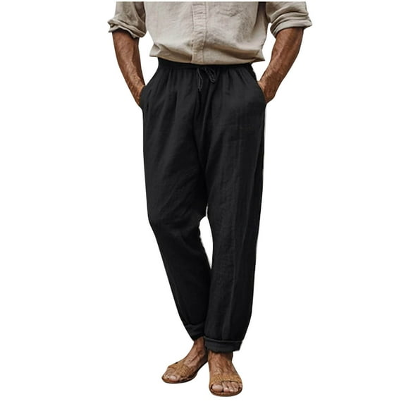 Maean Big and Tall Pant for Mens Cotton Linen Summer Causal Pants Elastic Waist with Pockets S-5XL