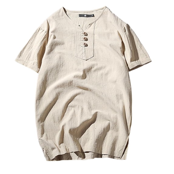 Maean Big and Tall Top for Mens Short Sleeve Shirts Cotton Linen V Neck Buttons Pullover Tee M-5XL