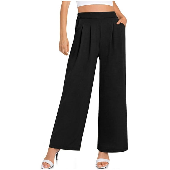 Maean Business Casual Pants for Women Dressy Elastic Waist Baggy Wide Leg Pleated Work and Pockets Trousers