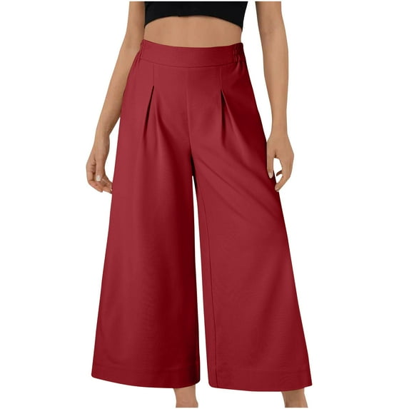 Maean Business Casual Pants for Women Elastic High Waisted Solid Color Wide Leg Loose Trousers with Pockets