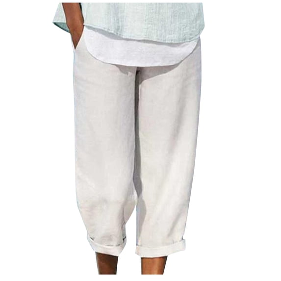Maean Capris Pants for Women Plus Size Folded Hem Wide Leg Solid Color Knee Length Trousers with Pockets