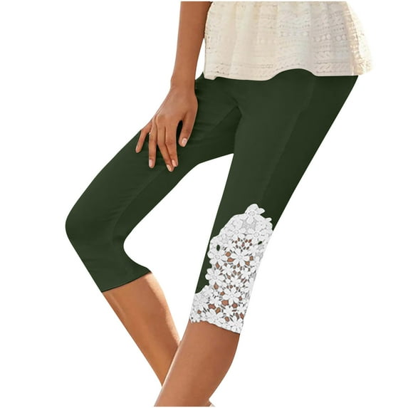 Maean Capris Pants for Women Ultra Thin Stretch Knee Lace Patchwork Trim Leggings Printed Capri Trousers
