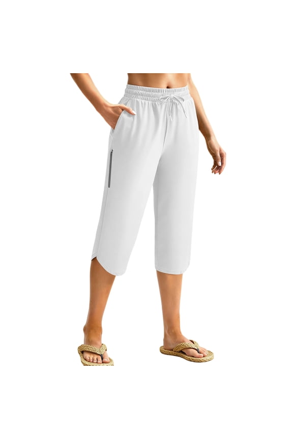 Capris Pants for Womens Straight Leg Elastic Waist Drawstring Athletic Capri Sweatpant with Pockets