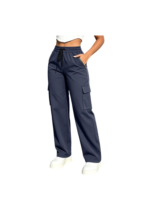 Cargo Pants for Womens Elastic Waist Straight Leg Trousers Hiking Loose Pant with Pockets