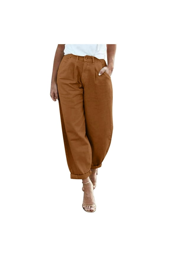 Casual Pants for Women High Waisted Wide Leg Frayed Hem Buttons Trendy Trousers with Pockets
