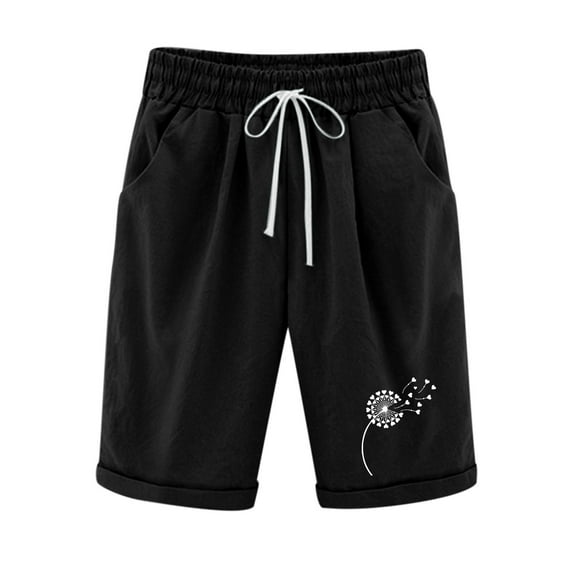 Maean Casual Shorts for Women Elastic Waist Drawstring Frayed Hem Knee Printed Loose Capris with Pockets