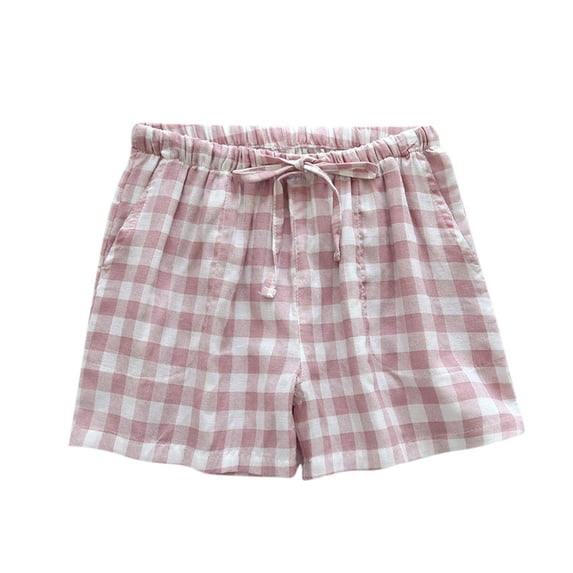 Maean Cotton Boxer Shorts Womens Plaid Summer High Waist Drawstring Elastic Pajama Shorts with Pockets