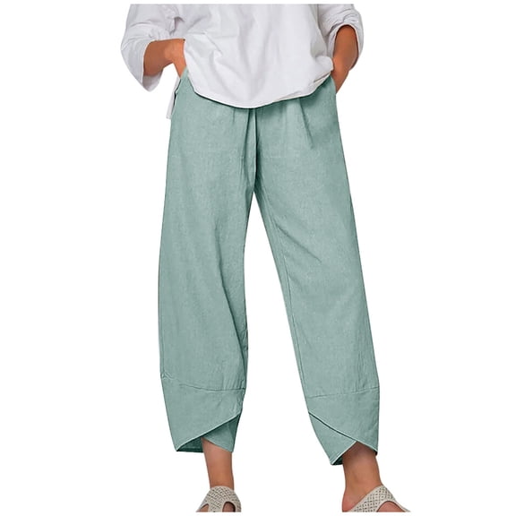 Maean Cotton Linen Capri Pants for Women Summer Casual Elastic Waist Wide Led Loose Capris with Pockets
