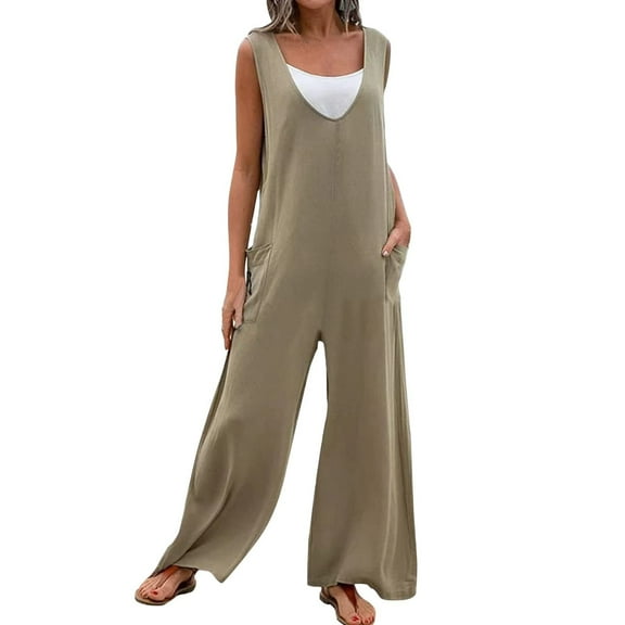 Maean Cotton Linen Jumpsuit for Women Casual Sleeveless Wide Leg Loose Rompers Trendy Tank Top Pockets Pants