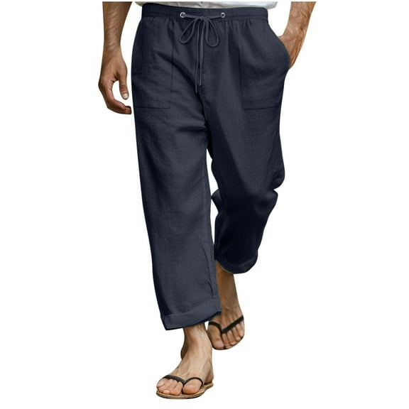 Maean Cotton Linen Pant for Men Wide Leg Loose Summer Beach Long Pants Elastic Waist Lightweight