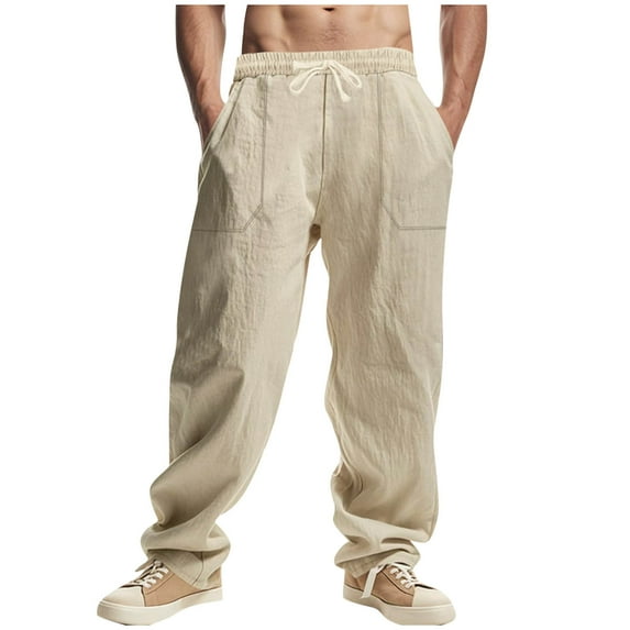 Maean Cotton Linen Pant for Men Wide Leg Loose Summer Beach Long Pants Elastic Waist Lightweight