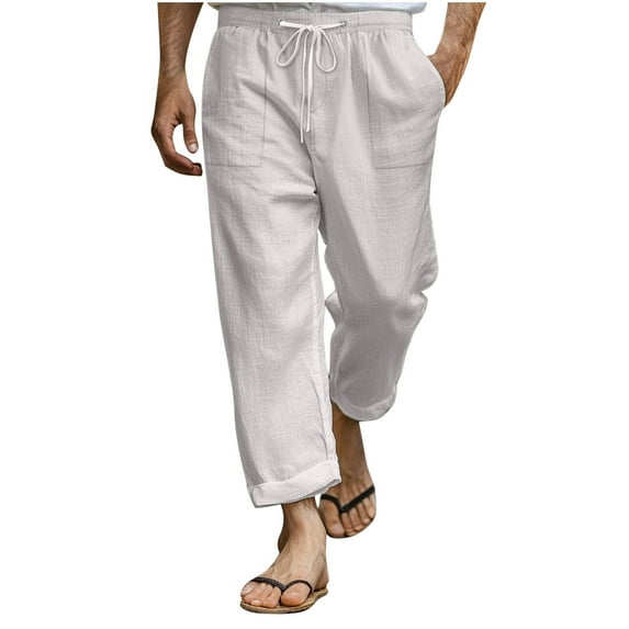 Maean Cotton Linen Pant for Men Wide Leg Loose Summer Beach Long Pants Elastic Waist Lightweight